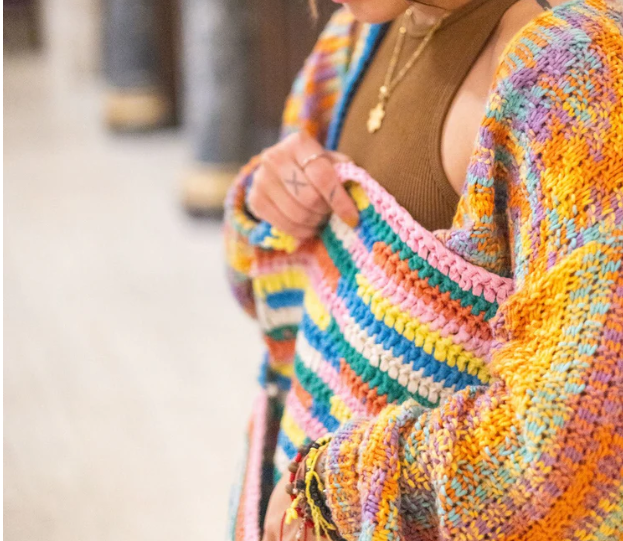 Abstract-style colorful crochet shoulder bag