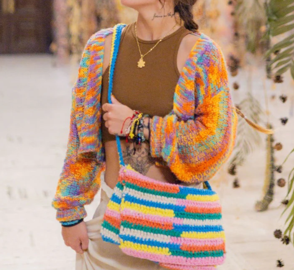 Abstract-style colorful crochet shoulder bag