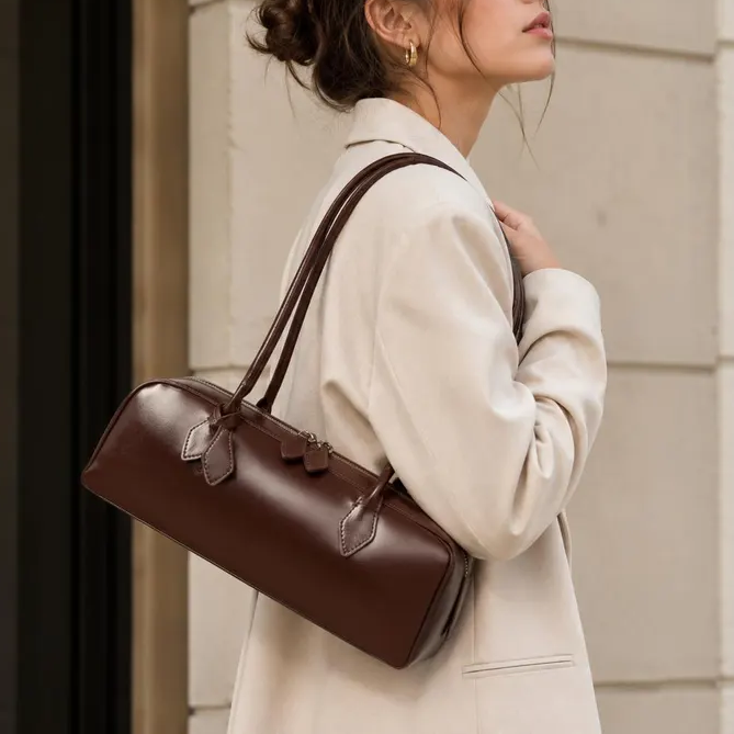 Glossy Brown Leather Cylinder Baguette Underarm Shoulder Bag