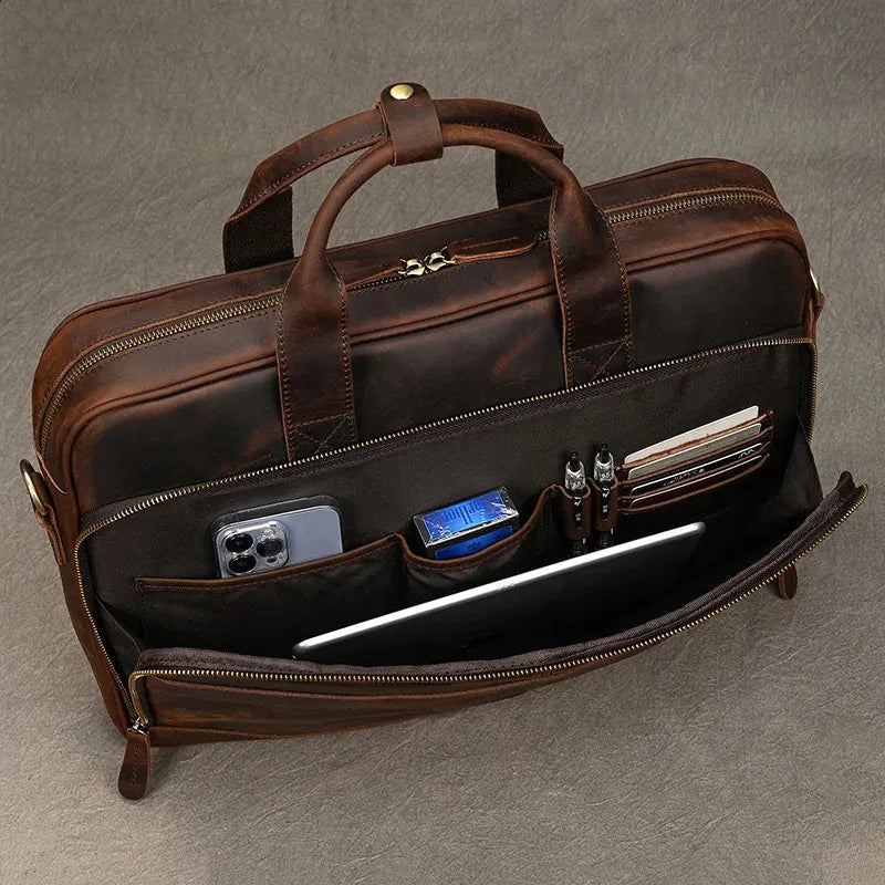A leather briefcase suitable for business professionals such as doctors and lawyers