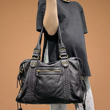 Vintage Washed Leather Braided Detail Large Shoulder Crossbody Bag