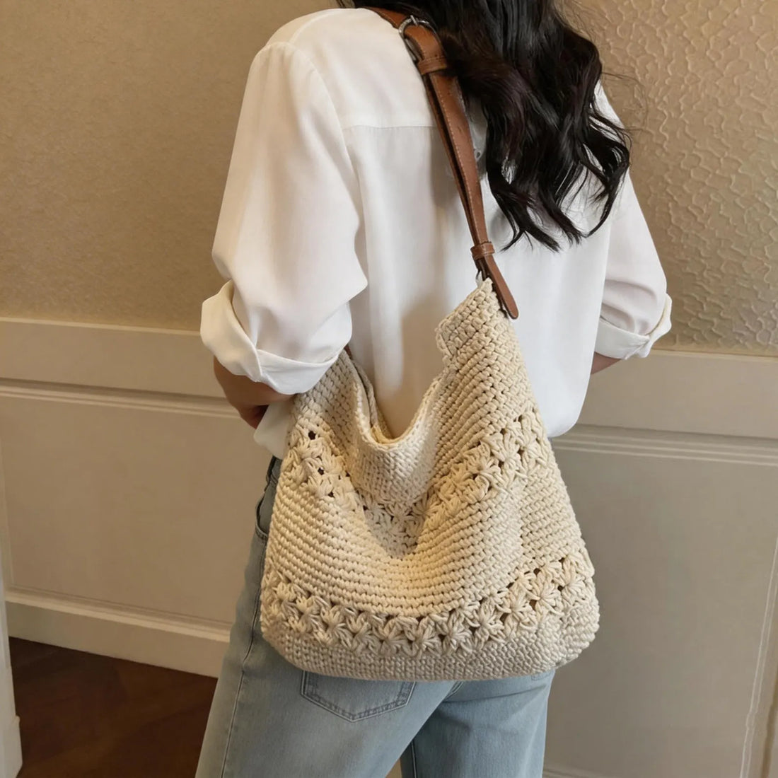 Floral Crochet Raffia Adjustable Strap Hobo Shoulder Tote Bag