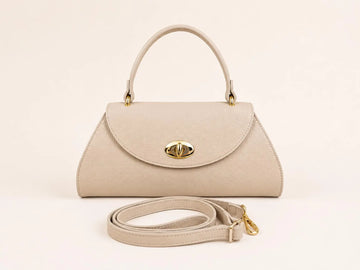 Cream Textured Leather Oval Turn Lock Mini Top Handle Handbag
