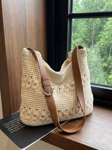 Floral Crochet Raffia Adjustable Strap Hobo Shoulder Tote Bag