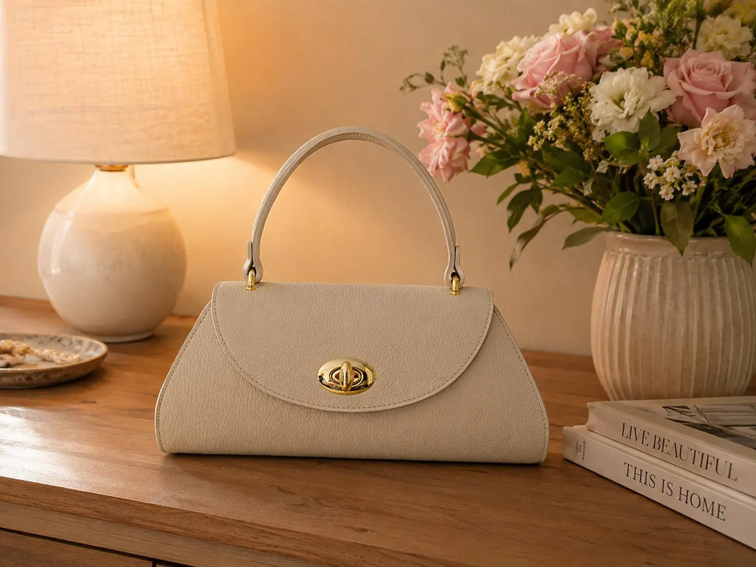 Cream Textured Leather Oval Turn Lock Mini Top Handle Handbag