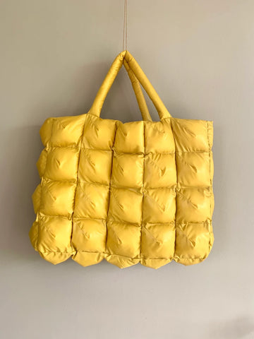 Bright Yellow Grid Quilted Puffy Large Summer Tote Bag