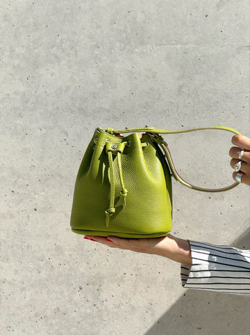 Genuine Leather Adjustable Strap Mini Drawstring Bucket Crossbody Bag