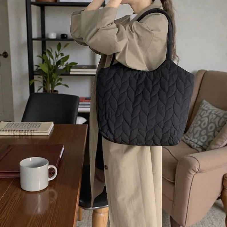 Solid Black Leaf Quilted Large Puffy Shoulder Tote Bag