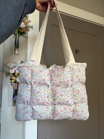 Gingham Lace Trim Puffy Quilted Mini Tote Shoulder Bag