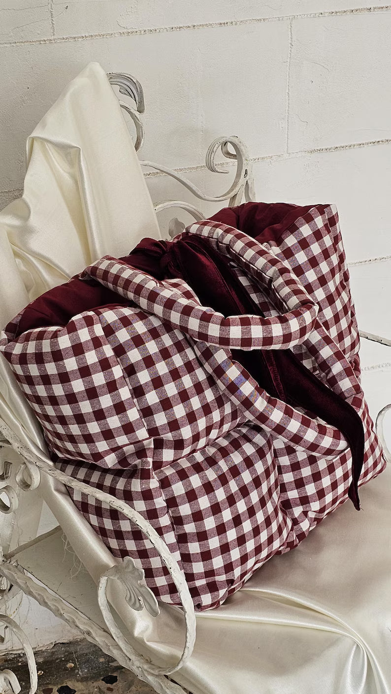 Burgundy Gingham Velvet Bow Handmade Quilted Puffy Shoulder Tote Bag
