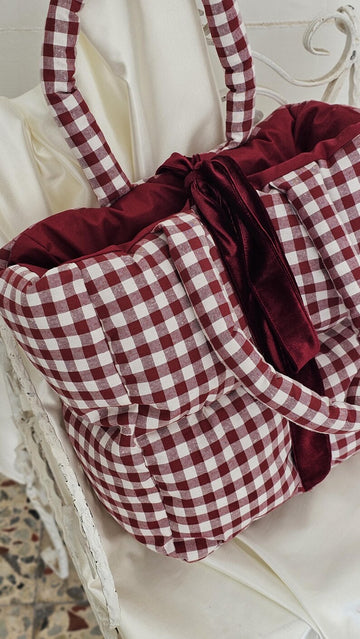 Burgundy Gingham Velvet Bow Handmade Quilted Puffy Shoulder Tote Bag