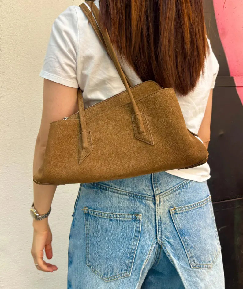 Tan Suede Slim Zip Underarm Shoulder Bag