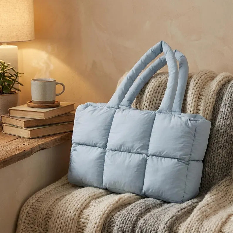 Grid Quilted Lightweight Puffy Large Shoulder Tote Bag