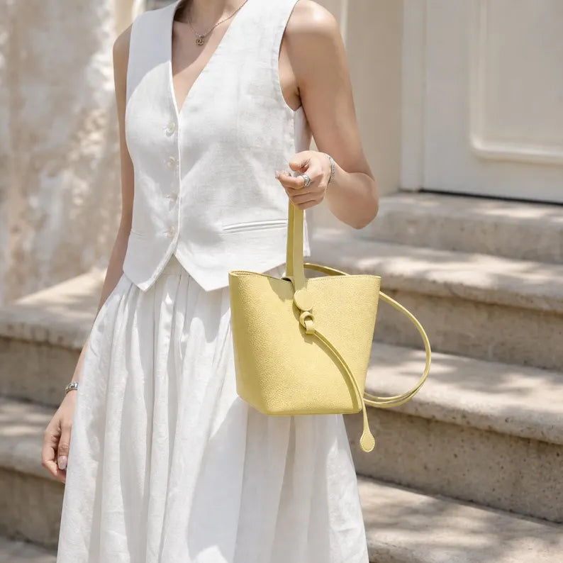 Textured Leather Convertible Mini Bucket Handbag