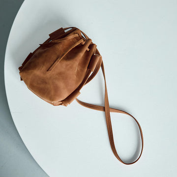 Crazy Horse Leather Drawstring Mini Bucket Crossbody Pouch Bag