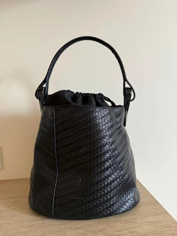 Woven Rubberized Textured Drawstring Bucket Handbag