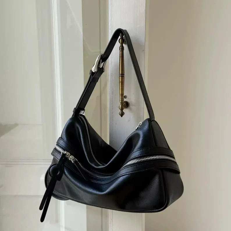 Multi-Zipper Adjustable Strap Cow Leather Hobo Shoulder Crossbody Bag