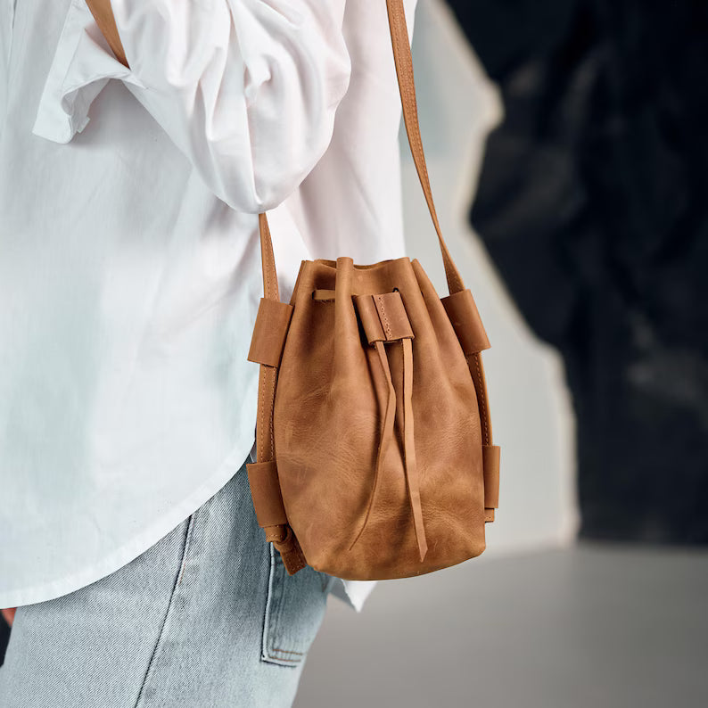 Crazy Horse Leather Drawstring Mini Bucket Crossbody Pouch Bag