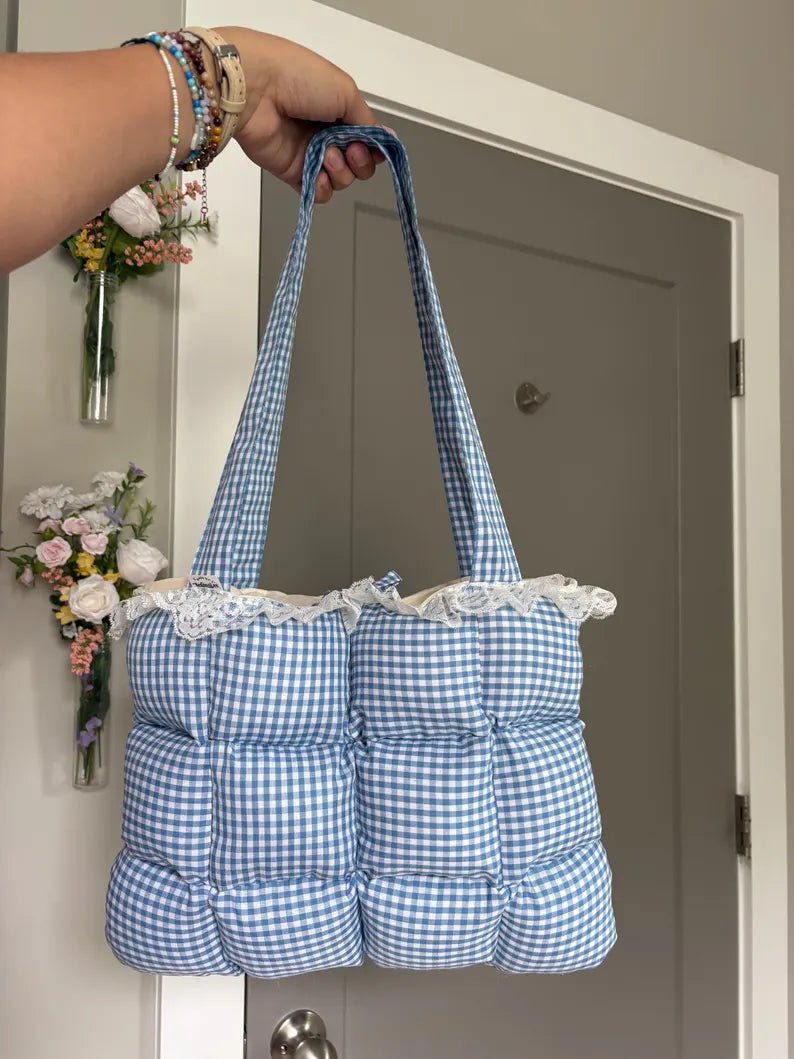 Gingham Lace Trim Puffy Quilted Mini Tote Shoulder Bag