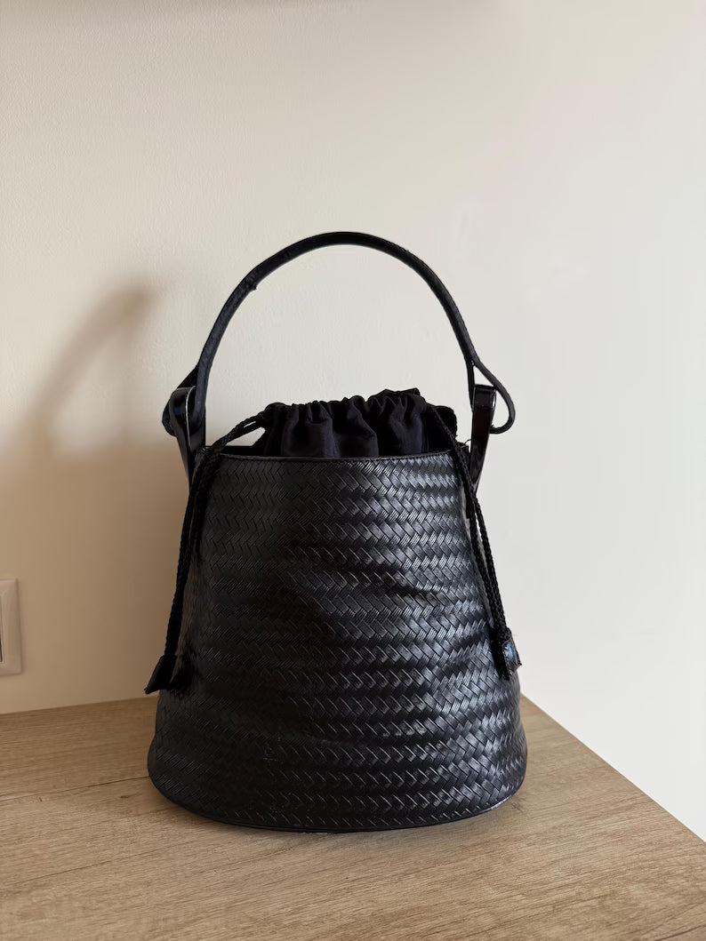 Woven Rubberized Textured Drawstring Bucket Handbag