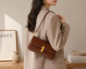 Genuine Cowhide Retro Flap Baguette Shoulder Crossbody Bag
