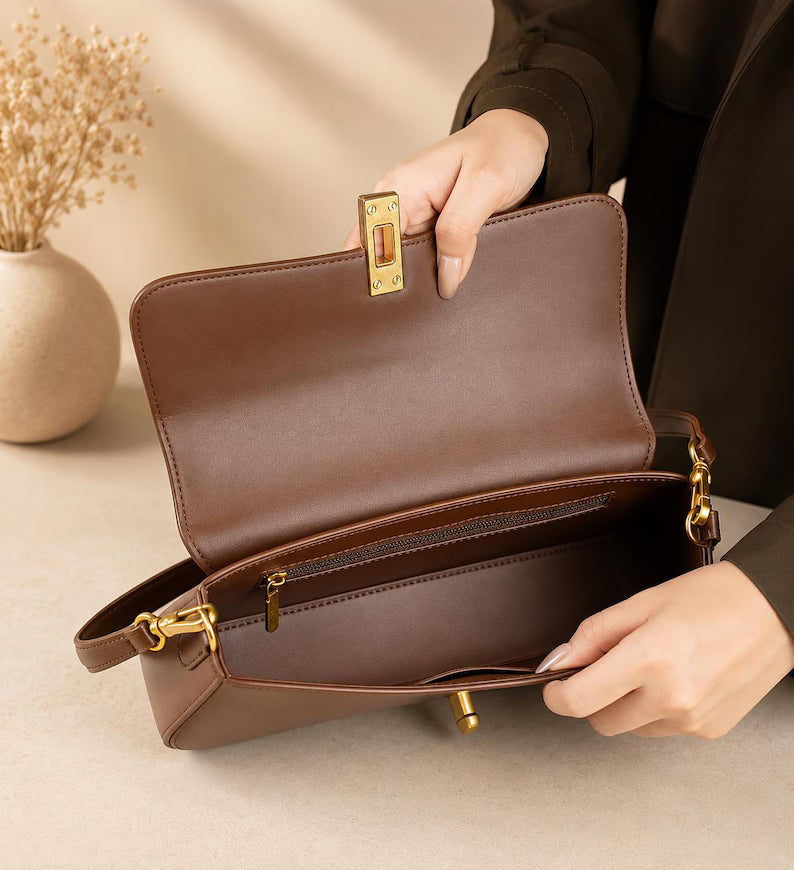 Genuine Cowhide Retro Flap Baguette Shoulder Crossbody Bag