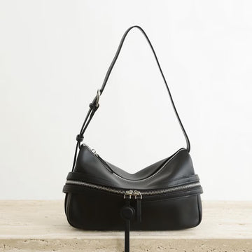 Multi-Zipper Adjustable Strap Cow Leather Hobo Shoulder Crossbody Bag