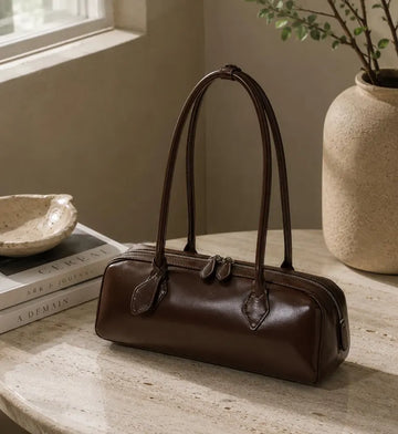 Glossy Brown Leather Cylinder Baguette Underarm Shoulder Bag