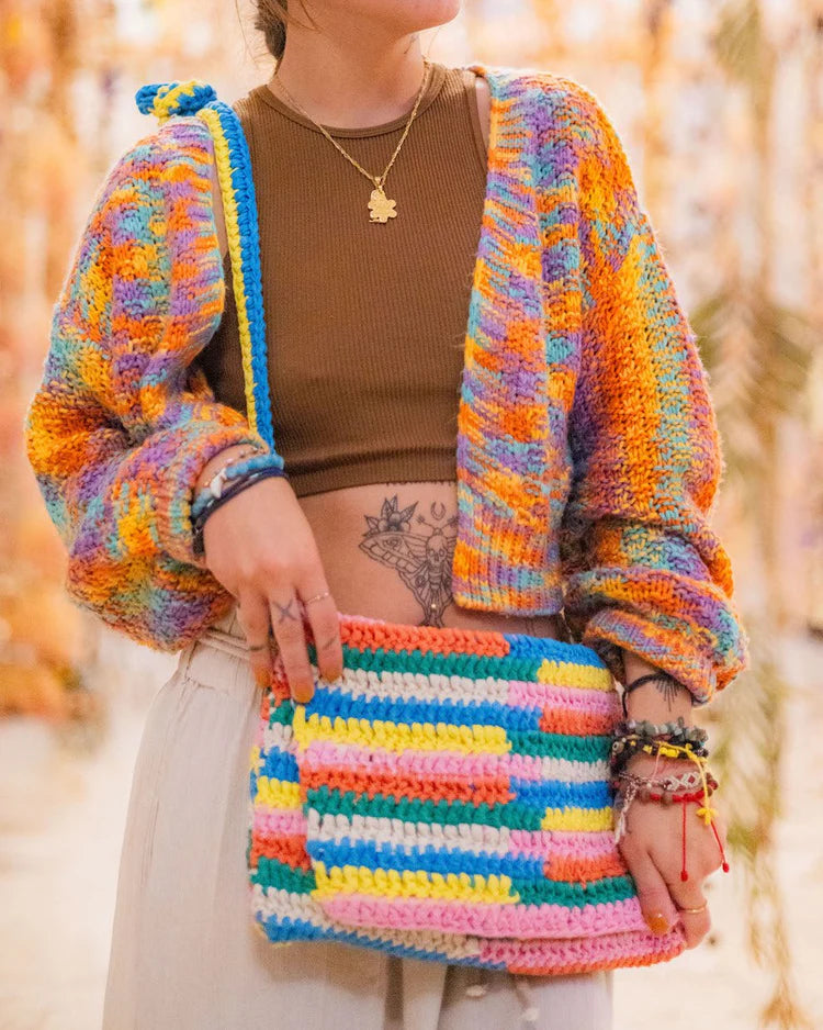 Abstract-style colorful crochet shoulder bag