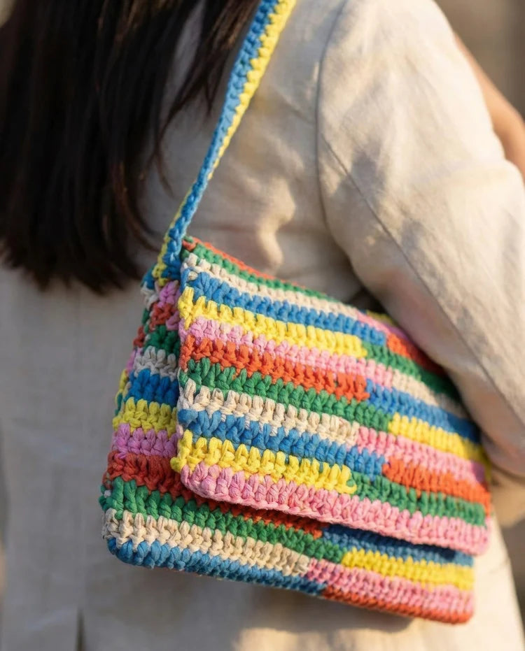 Abstract-style colorful crochet shoulder bag